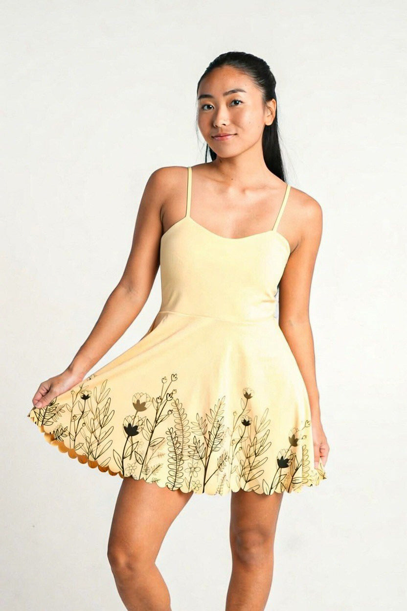 HIZIBEAN Women's Luz Sunny Yellow Thin Strap Athleisure Dress Floral P