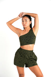 HIZIBEAN Women’s Tina Olive Green One Sleeve Cropped Fitness Top Ditsy Floral Prints