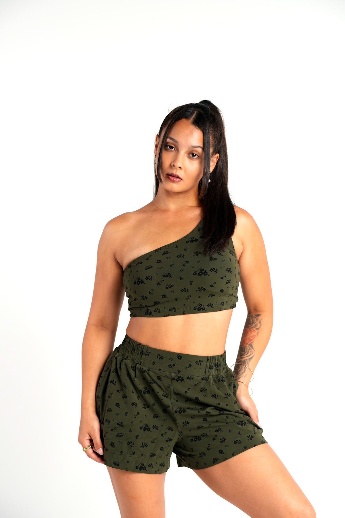 HIZIBEAN Women’s Tina Olive Green High Waist Athleisure Shorts Ditsy Floral Prints