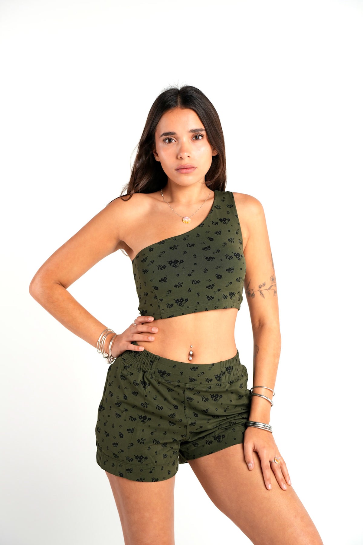 HIZIBEAN Women’s Tina Olive Green One Sleeve Cropped Fitness Top Ditsy Floral Prints