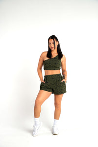 HIZIBEAN Women’s Tina Olive Green High Waist Athleisure Shorts Ditsy Floral Prints