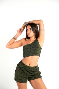 HIZIBEAN Women’s Tina Olive Green One Sleeve Cropped Fitness Top Ditsy Floral Prints