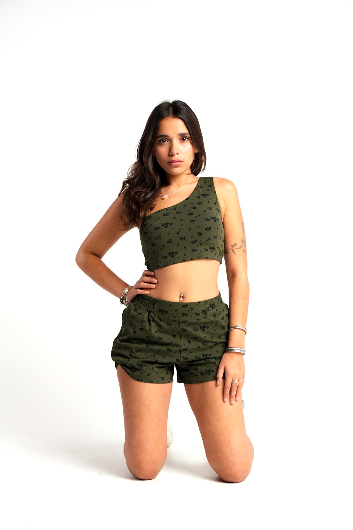 HIZIBEAN Women’s Tina Olive Green High Waist Athleisure Shorts Ditsy Floral Prints
