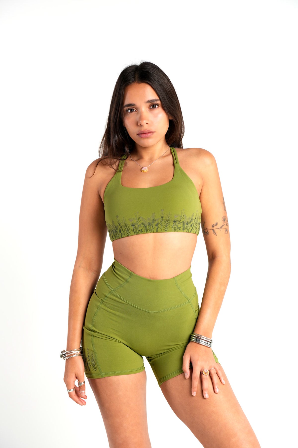 HIZIBEAN Women’s Zalani Sage Green Crisscross Fitness Bra Floral Prints